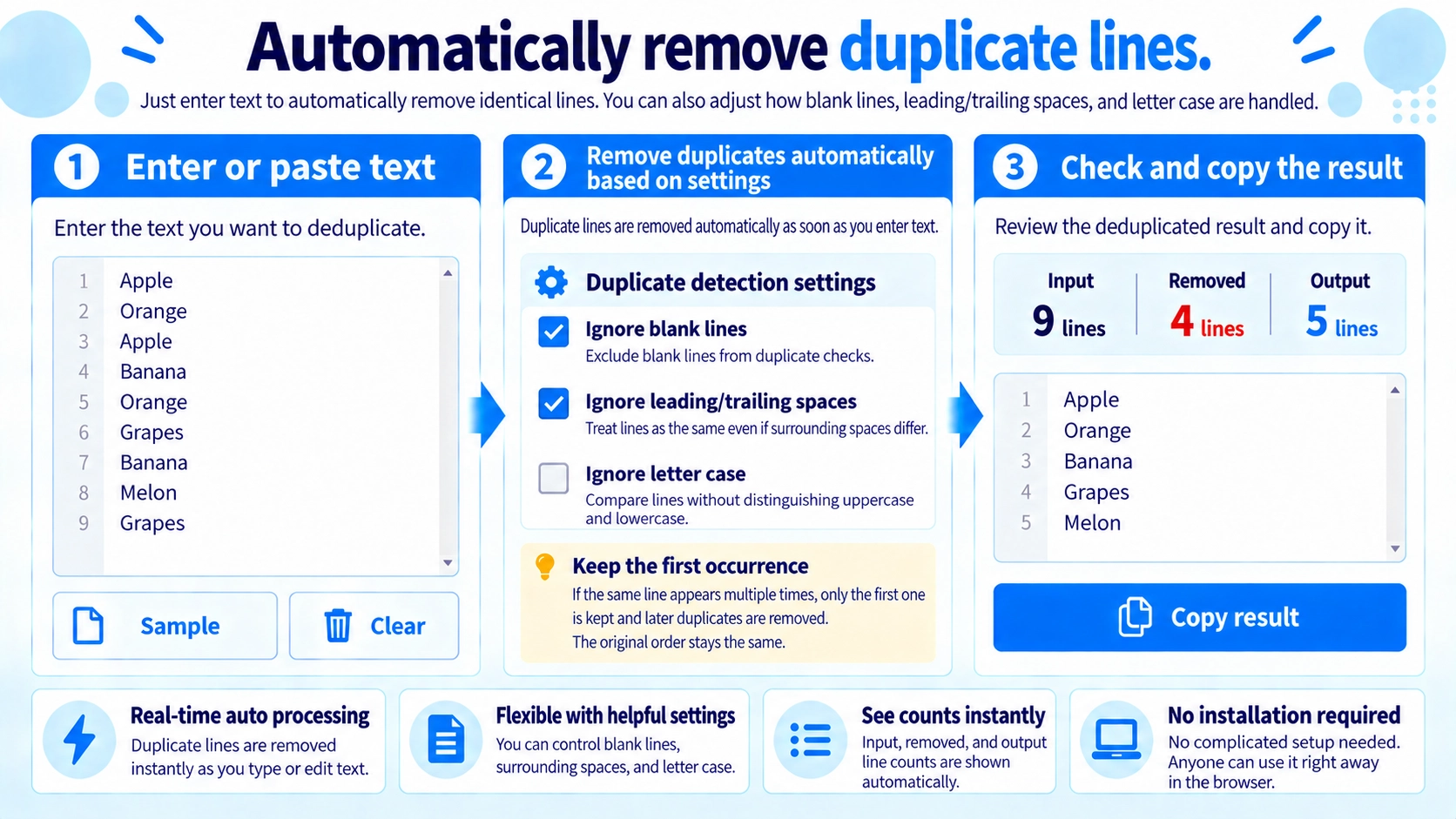 Illustration explaining how Remove Duplicate Lines works